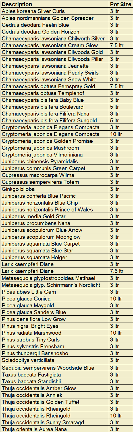 Conifers List from 1 November 2023